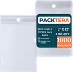 3" X 12" Reclosable Zipper Plastic Poly Bags With Hang Hole 4 Mil LDPE (Pack of 1000) Clear Sealable With Resealable