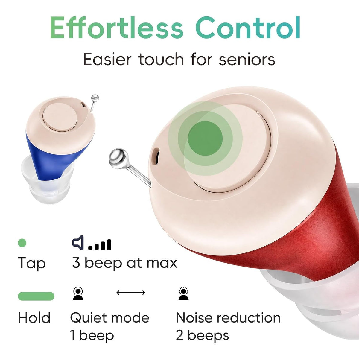 Rechargeable OTC In-Ear Hearing Aids for Seniors, ivory white