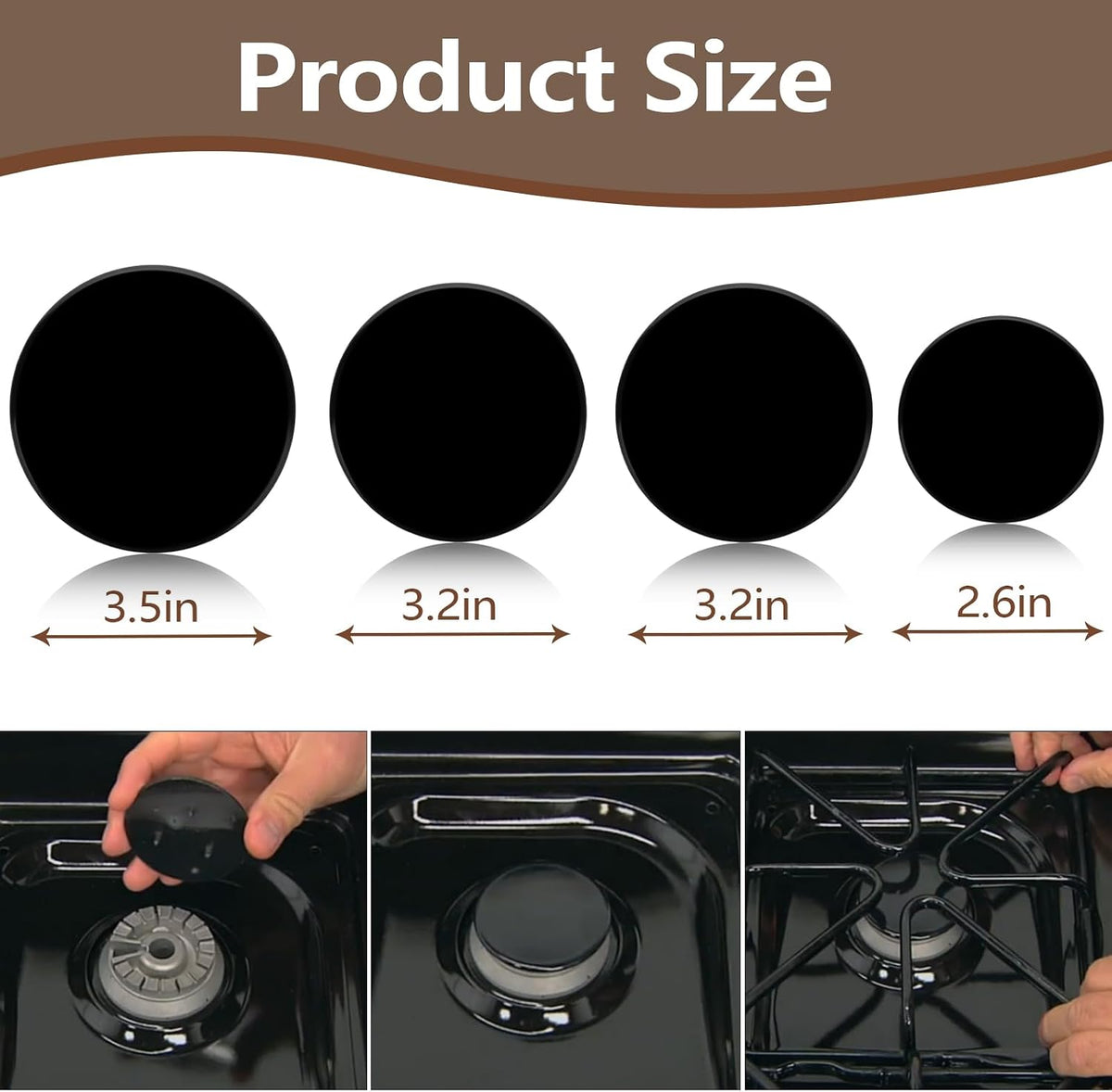 4 Pcs Surface Burner Cap Set Compatible with GE Gas Stoves and Cooktops Includes WB29K10009-1 (2.6") WB29K10001-2 (3.2") WB29K10006-1 (3.5")