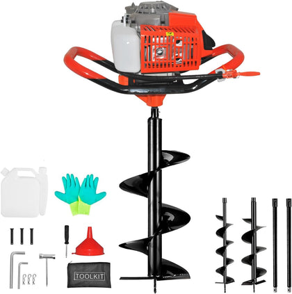 85cc 4HP Post Hole Digger Gas Powered, Gas Earth Auger/Ice Auger, with 3 Drill Bits 4"/8"/12" + 2 Extension Bar, One