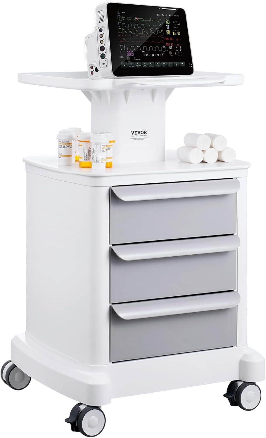 Medical Cart with 3 Drawers and Top Tray, 4-Tier Rolling Utility Cart | Mobile Medical Trolley with ABS Material