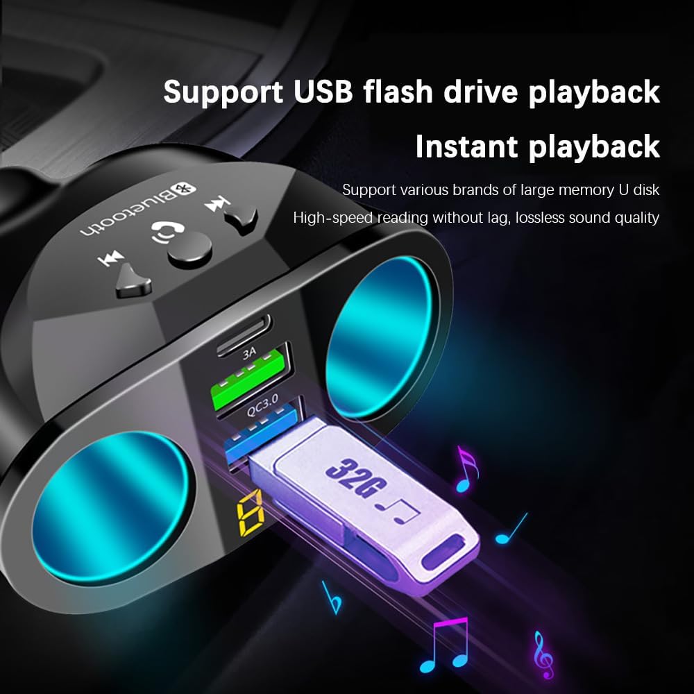 12-24V Car Cigarette Lighter Splitter, Bluetooth5.0 Adapter for Car [Voltage Detection], 2-Socket Cigarette Lighter