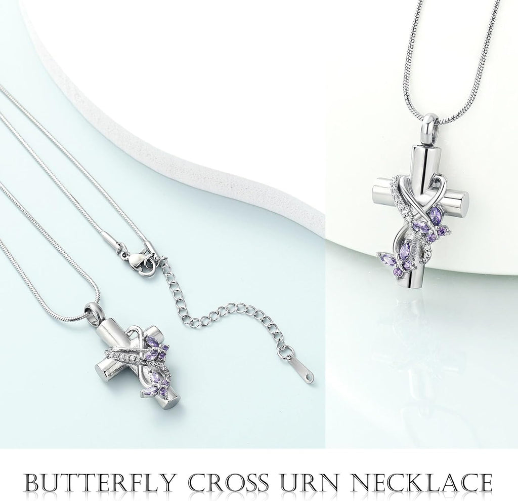 Butterfly Cross Urn Necklace for Ashes Men Women Cremation Jewelry Ashes Pendant for Human Memorial Ash Jewelry