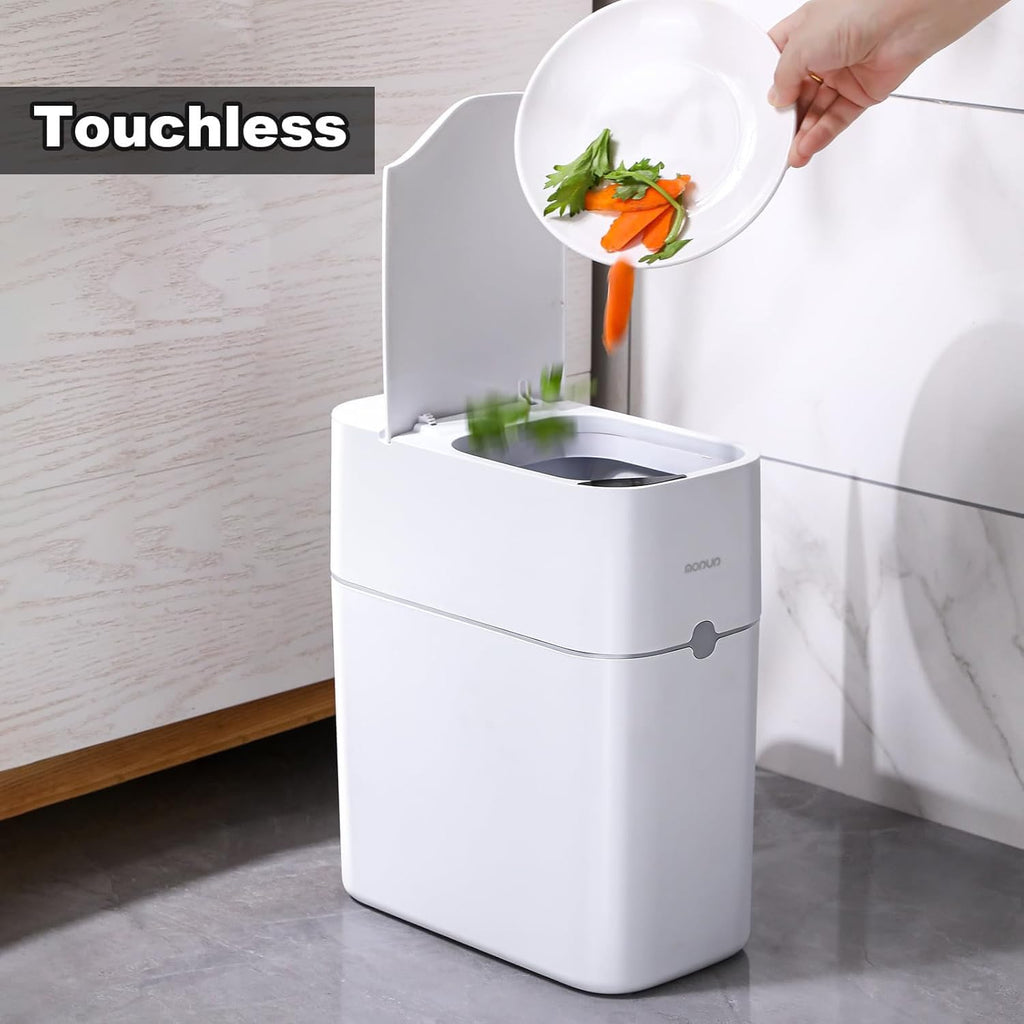 Bathroom Trash Can, Automatic Bagging Garbage Can, 3.5 Gallon Slim Smart Small Plastic Trash Bin, Narrow Motion