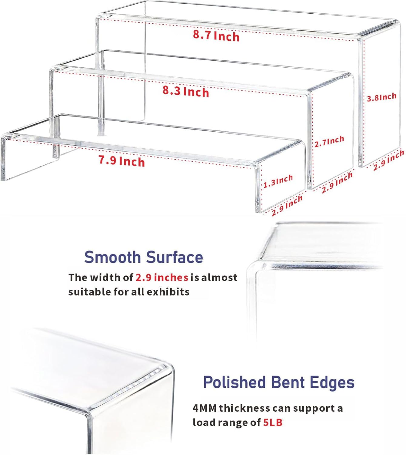 Yieach Large Clear Acrylic Risers Display Stands,3 Pcs Rectangular Display Risers for Funko Pop,Figures,Food,Showcase