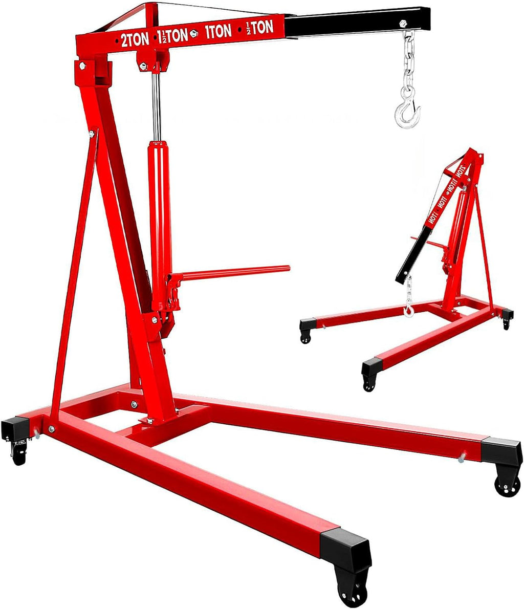 2 Ton Folding Engine Hoist, 5500lbs Hydraulic Cherry Picker Engine Hoist with 4 Casters, Heavy Duty Engine Lift for