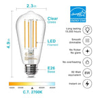 4 Pack Edison LED Light Bulbs, E26 Base, 8W 2700K, Dimmable
