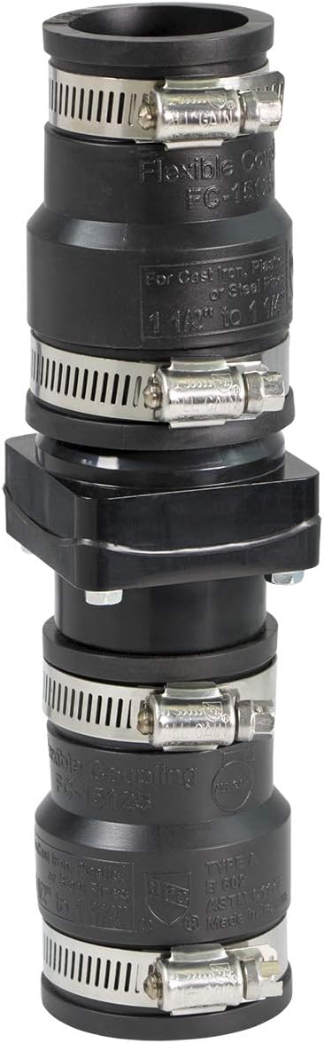 R1188 Plastic Sump Pump Check Valve with PVC Adapters and Stainless Steel Clamps, 1-1/2" x 1-1/4", Black