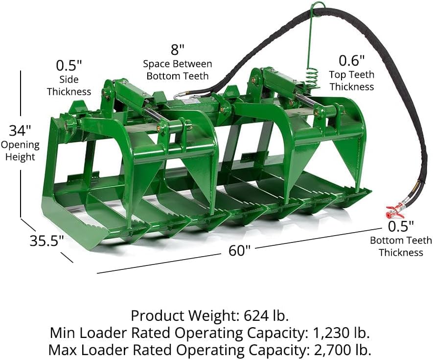 60" Standard Series Root Grapple Bucket Fits John Deere Hook and Pin, Dual Cylinder Hydraulic Design for Medium-Duty