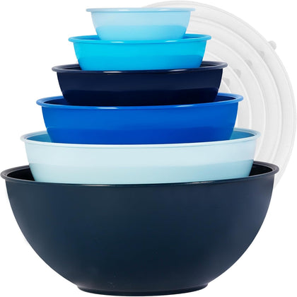 BPA Free Plastic Round Mixing Bowl with Lids, 12 Pack Nesting Bowls with Lids Set, Microwave and Dishwasher Safe Prep