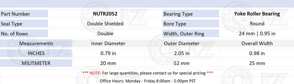 NUTR2052 - Yoke Type Double Row Track Roller Bearing, 52 mm Roller Diameter, 20 mm Bore, 24 mm Roller Width