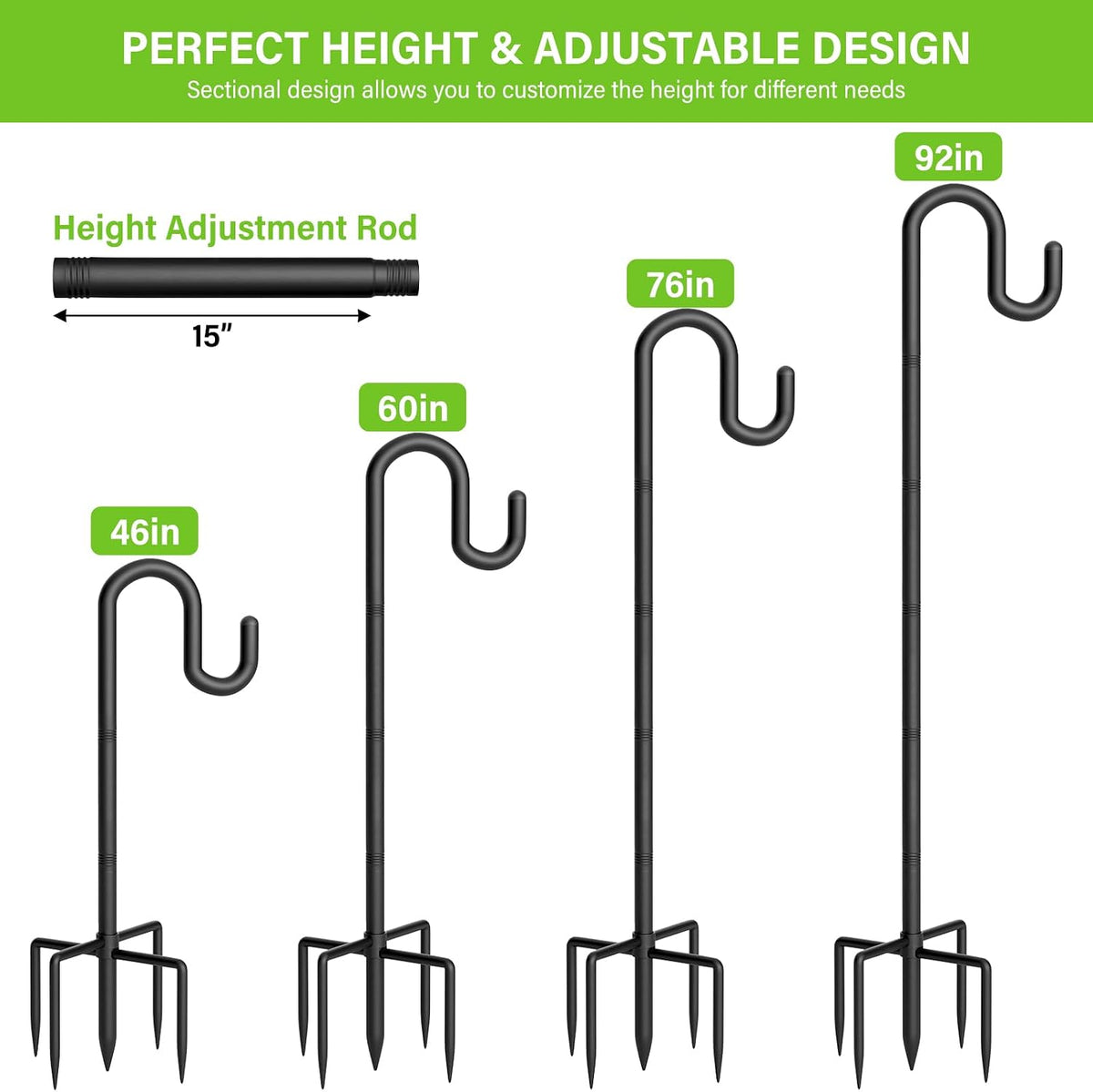Shepherds Hook for Bird Feeder, 92" Heavy Duty Double Bird Feeder Pole with 5-Prong Base, Thickened Metal Shepherd