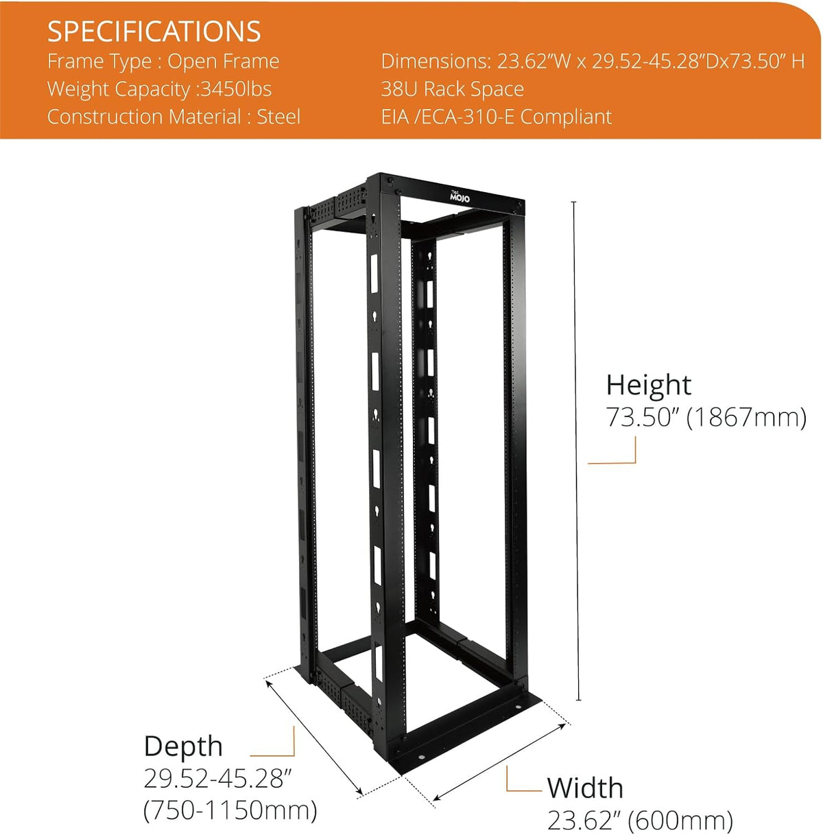 Tecmojo 38U 4-Post Open Frame Server Rack, Adjustable Depth 23.6 inch-39.3 inch – 19" Network, Server, AV, Data & IT Equipment, Telecom & Patch Panel Mount, 3450 lbs Capacity, Black,Tapped Holes