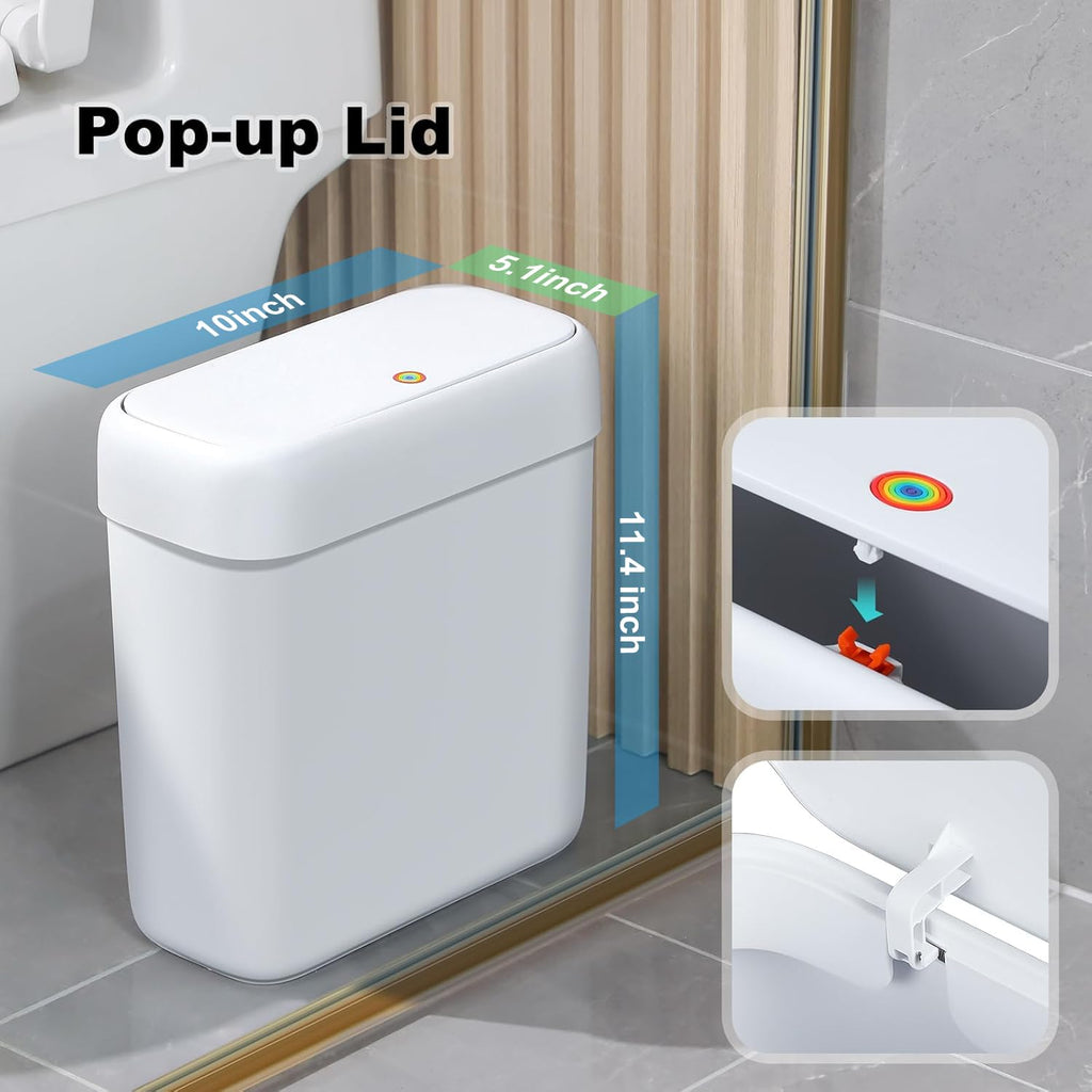 Bathroom Small Trash Can with Lid,10L / 2.7 Gallon Slim Garbage Bin Wastebasket with Press Top Lid for