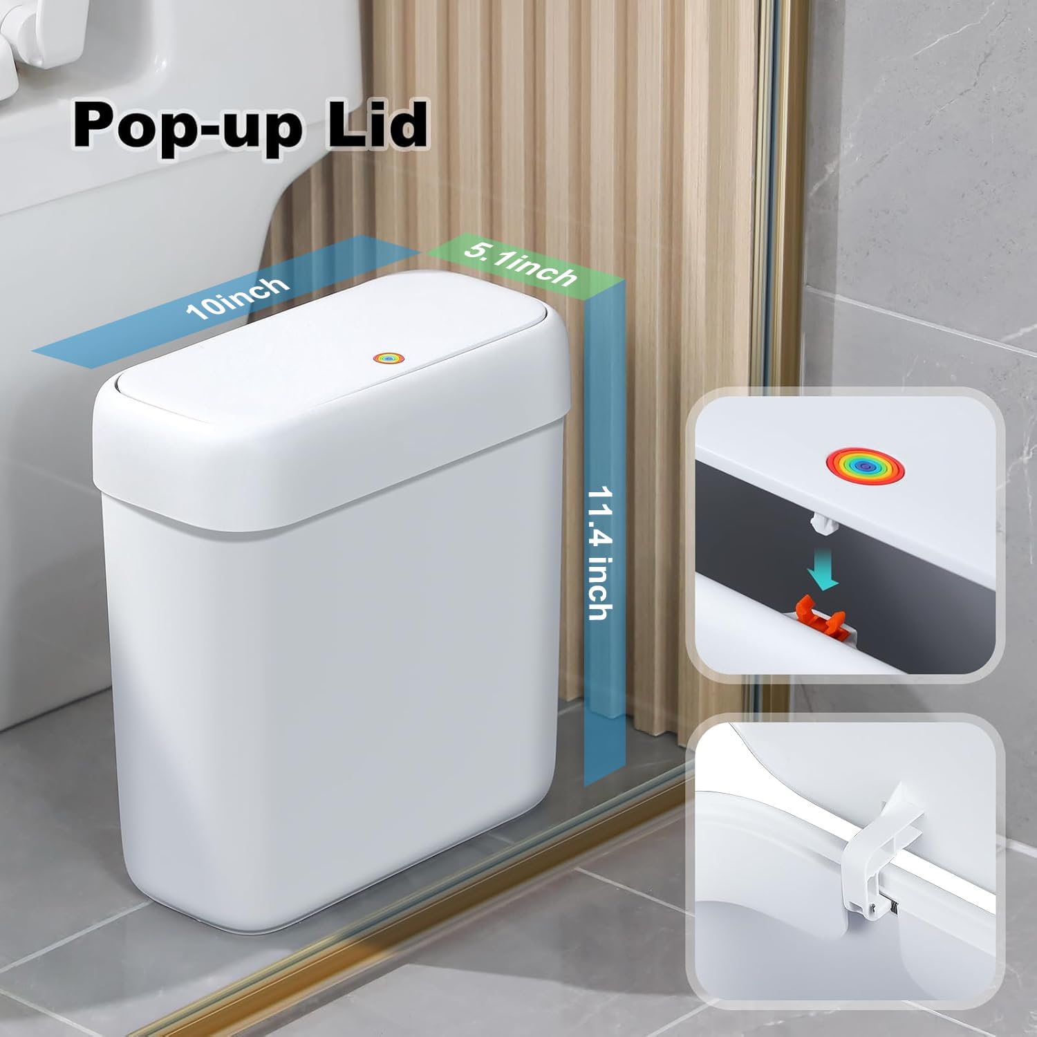 Bathroom Small Trash Can with Lid,10L / 2.7 Gallon Slim Garbage Bin Wastebasket with Press Top Lid for