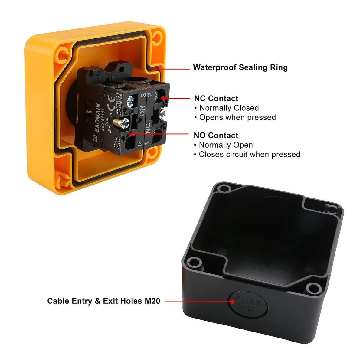 BAOMAIN Keyed Emergency Stop Push Button Switch with Enclosure Box 1NO1NC