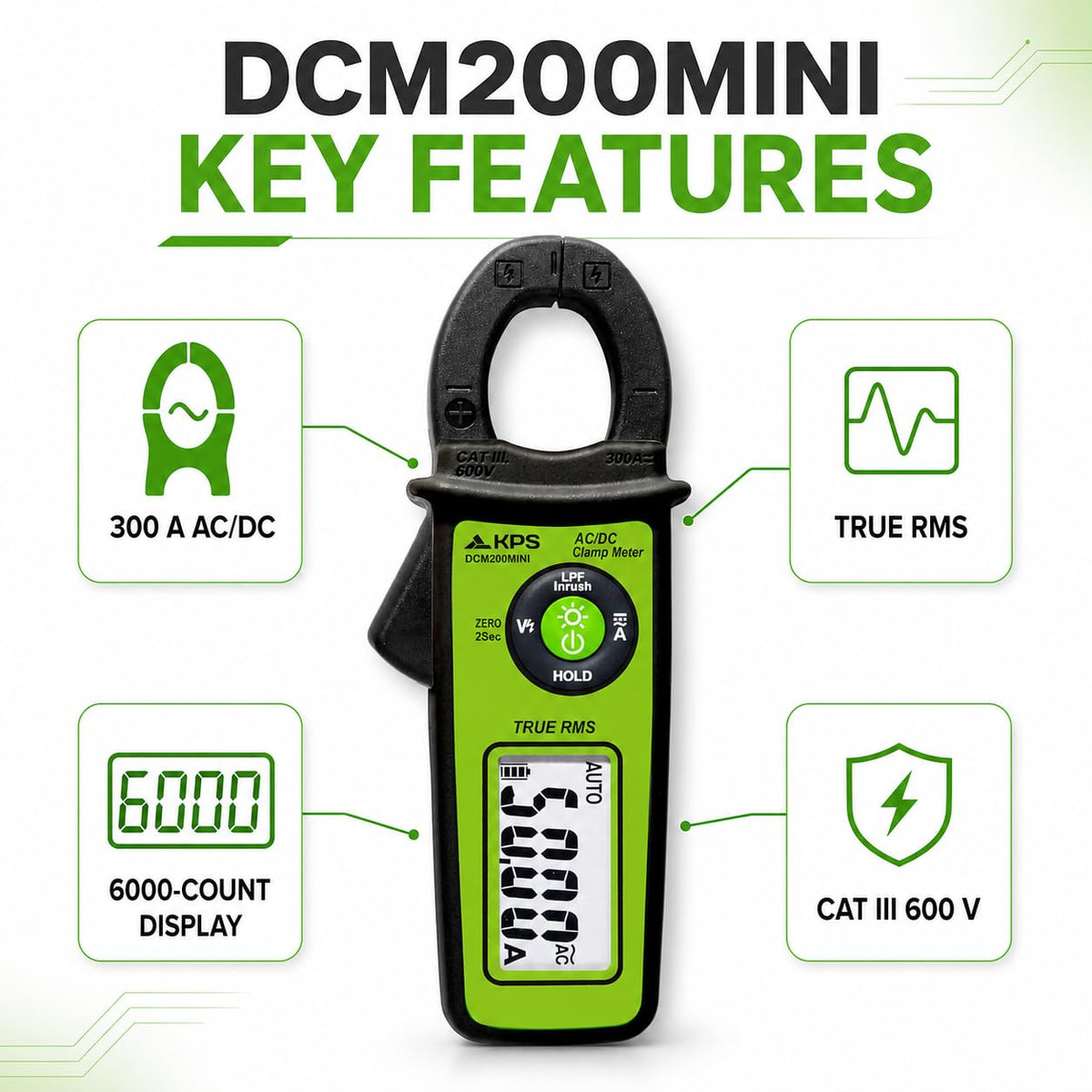 KPS DCM200MINI True RMS Clamp Meter, 300A AC/DC, NCV, 6000-Count Display