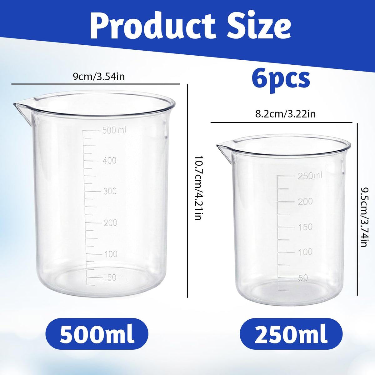 Plastic Beaker Set, 500 ml, 250 ml, 200 ml, 100 ml, 50 ml, 25 ml