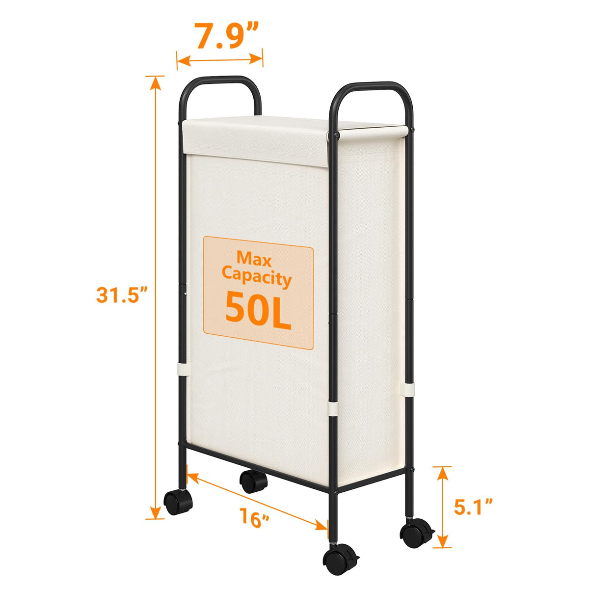 Slim Laundry Hamper with Lid & Wheels, 50L Rolling Laundry Basket