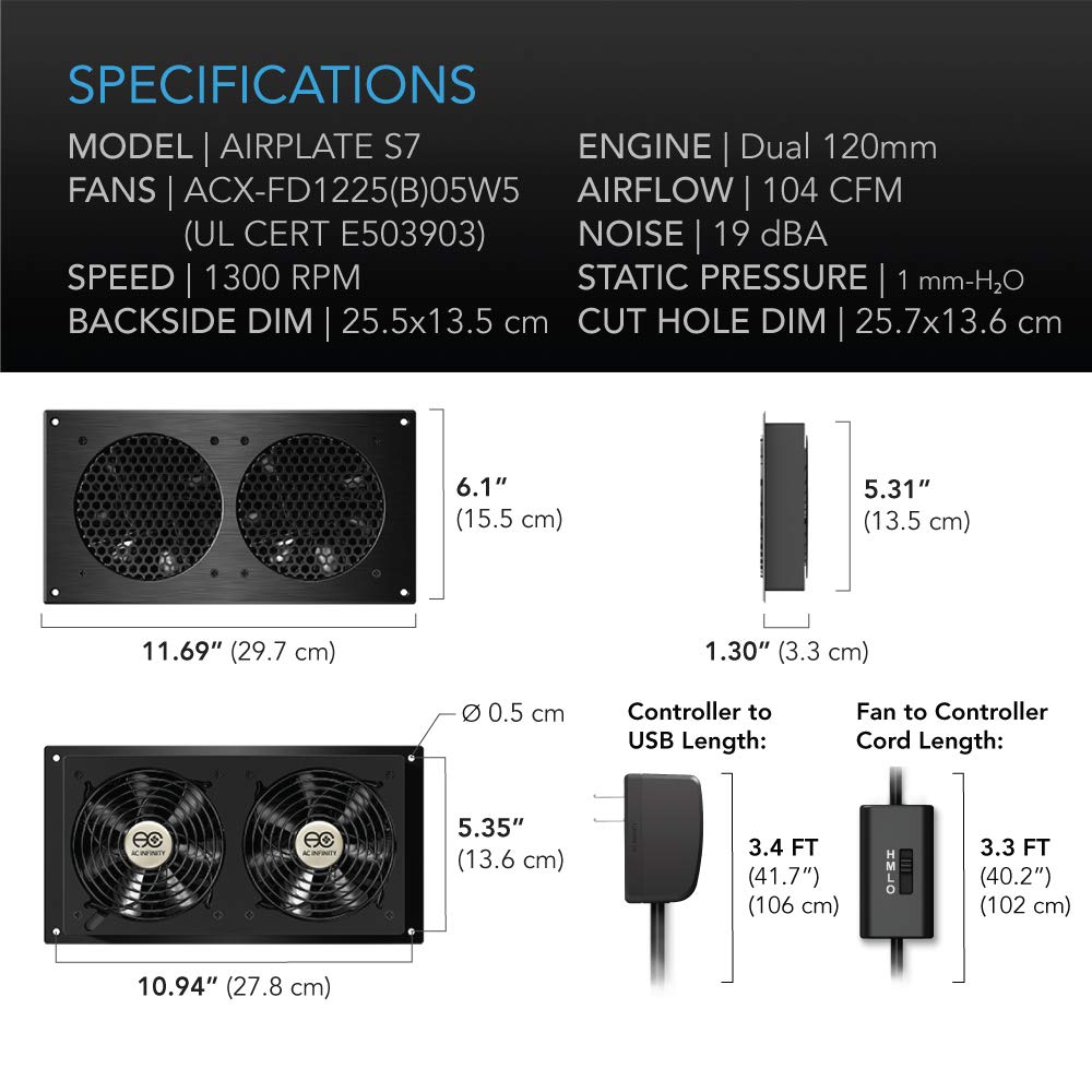 AC Infinity AIRPLATE S7, Quiet Cabinet Cooling Fan 12" w/ Speed Controller
