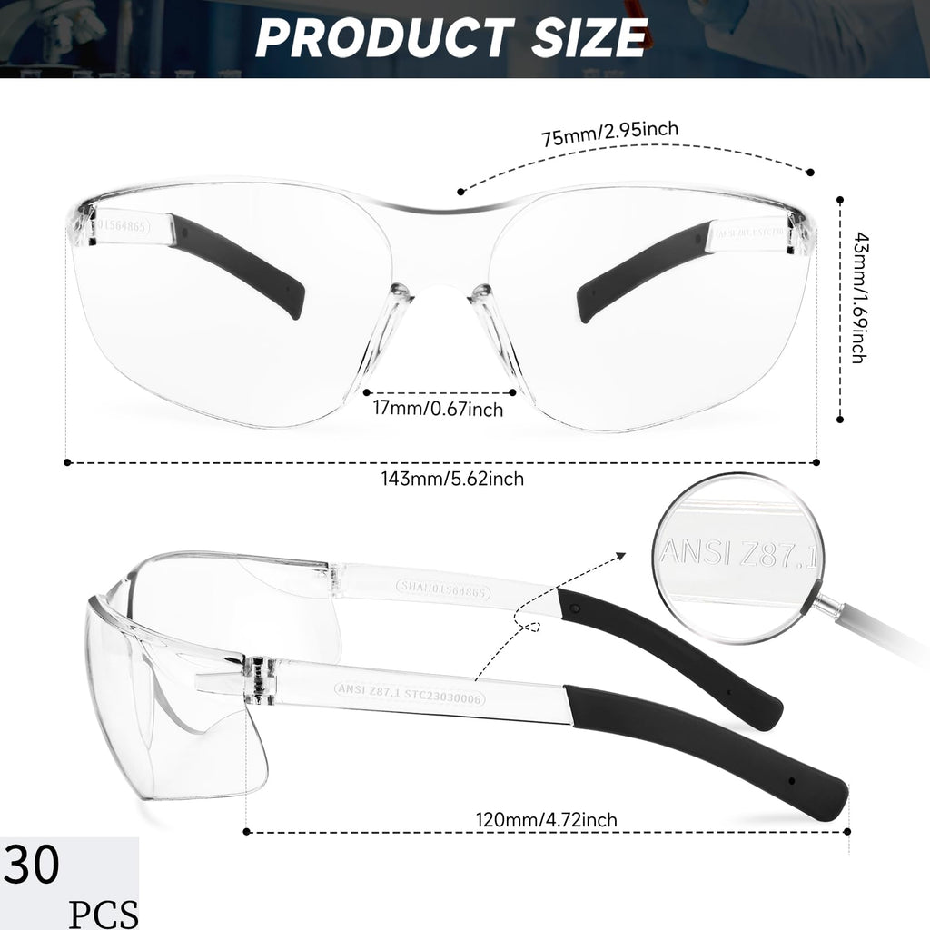 Clear Safety Glasses for Men, Eye Protection with Ansi Z87.1 30pcs