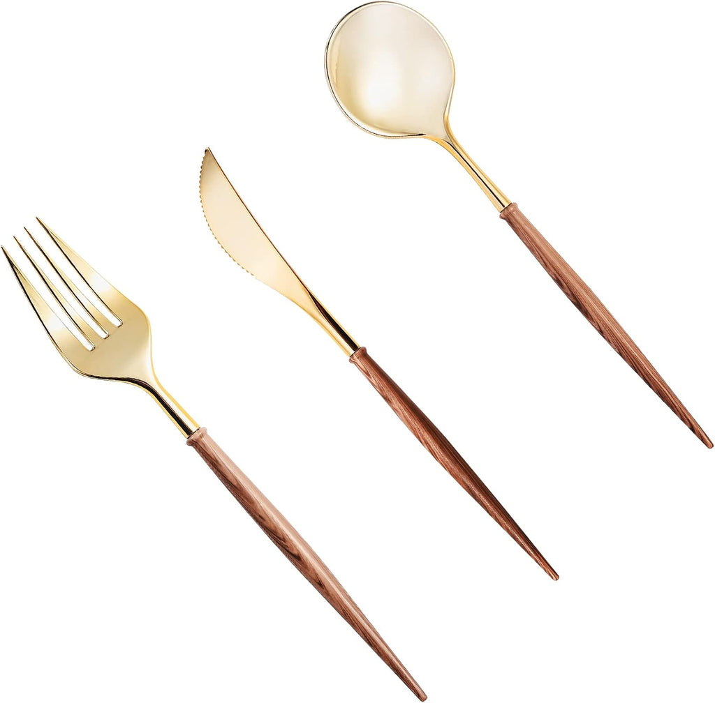 120PCS High End Gold Plastic Silverware with Wood Grain Handle