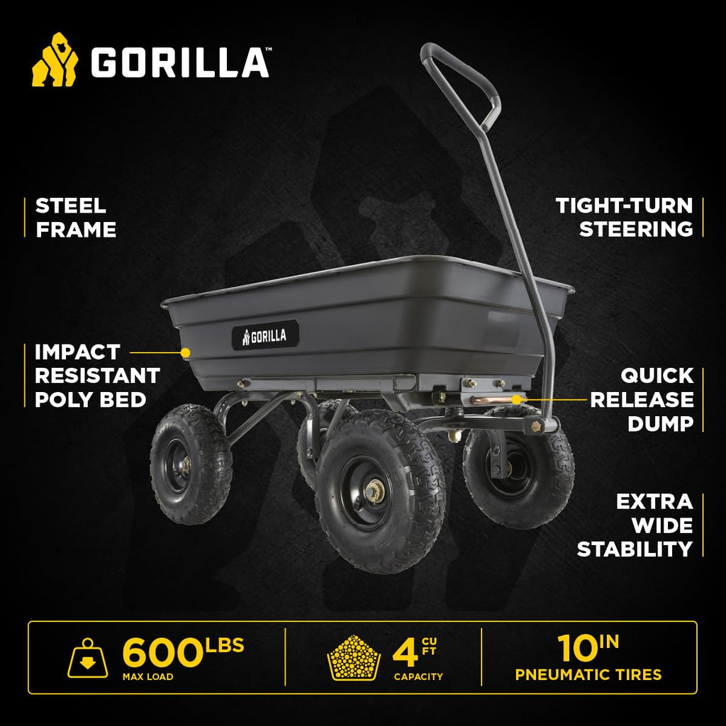 Poly Garden Dump Cart, 4 Cu Ft Tub, 600 lb Haul Capacity, Black – Heavy-Duty Utility Wagon with Quick-Release Dumping