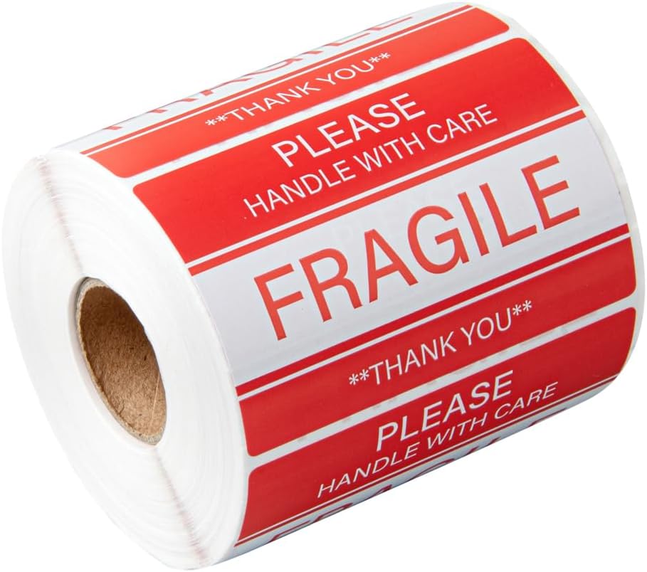 Label Tek 3 x 2 Inch Packaging Stickers, 500 Premium Shipping Labels - Handle with Care, Sustainable, Red and White