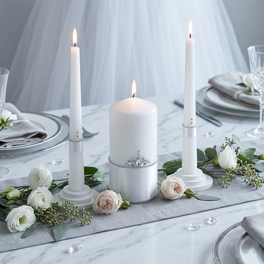 Crystal Satin Unity Candle Set for Wedding Ceremony Personalized Look, White 6" Pillar & 2 Taper 10" Marriage