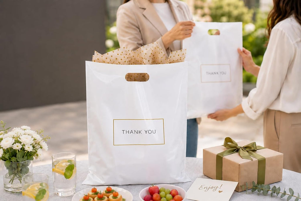 White Plastic Shopping Bags with Handles, Thank You Boutique Retail Bags, Large 16" x 18", 100 Pack for Merchandise