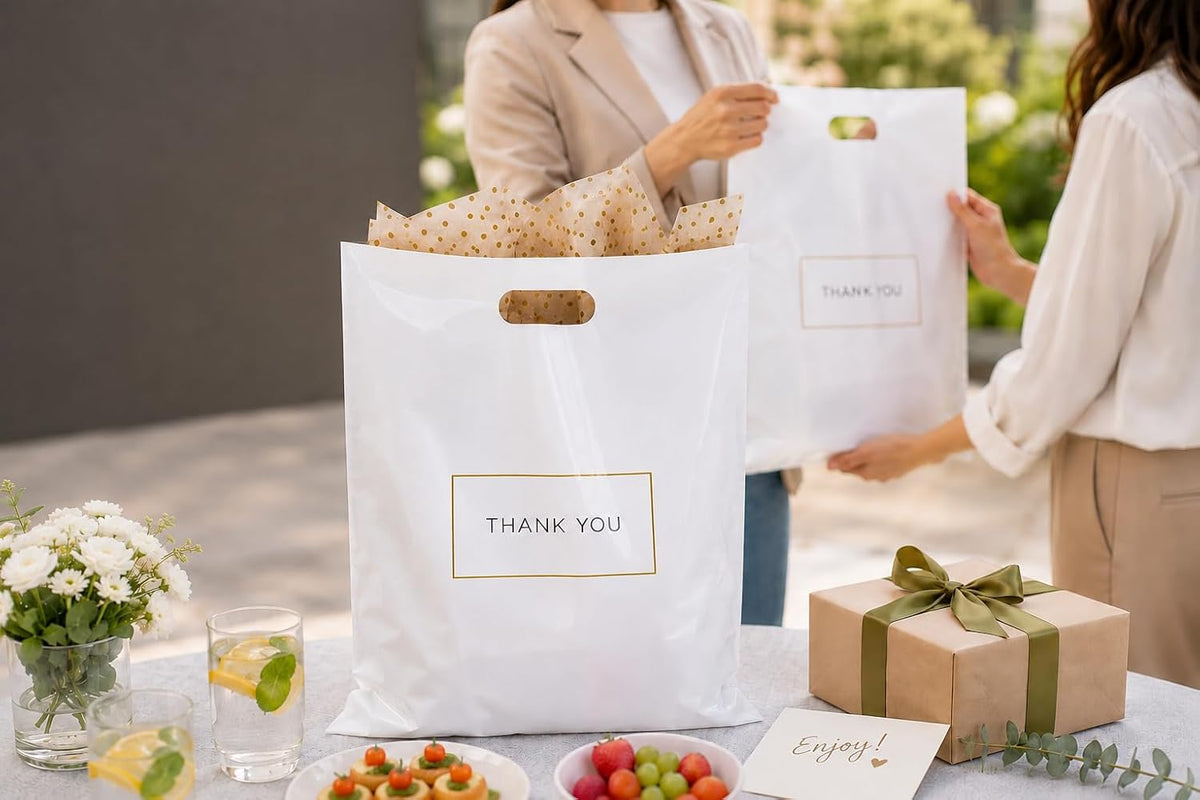 White Plastic Shopping Bags with Handles, Thank You Boutique Retail Bags, Large 16" x 18", 100 Pack for Merchandise