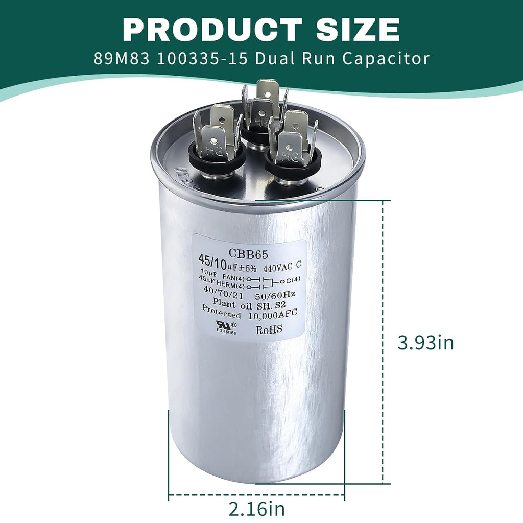 89M83 100335-15 Dual Run Capacitor Compatible with Lennox GE 45/10μF ±5% 440VAC 89M83 Capacitor for HVAC Capacitor for Air Conditioner Condenser Fan Motor and Compressor Replacement