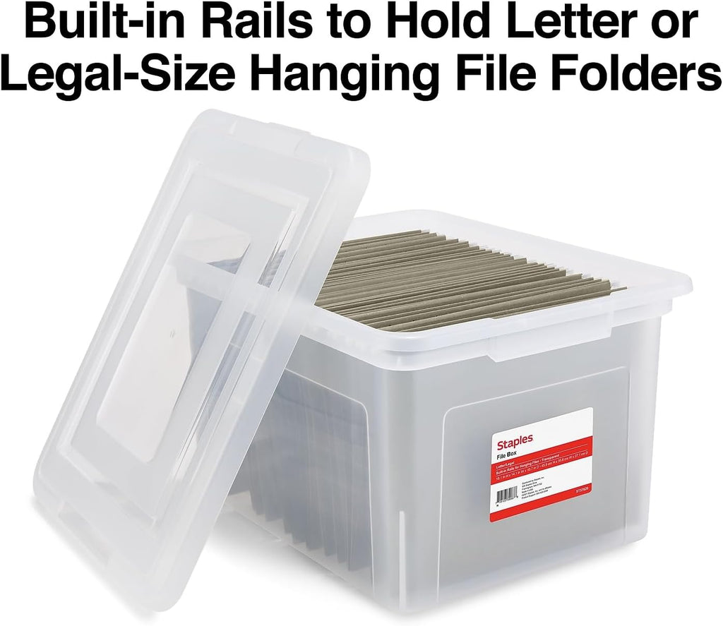 Hanging File Folder Box, Storage Bin Organizer, Snap Lid, Letter & Legal Size Documents, Clear