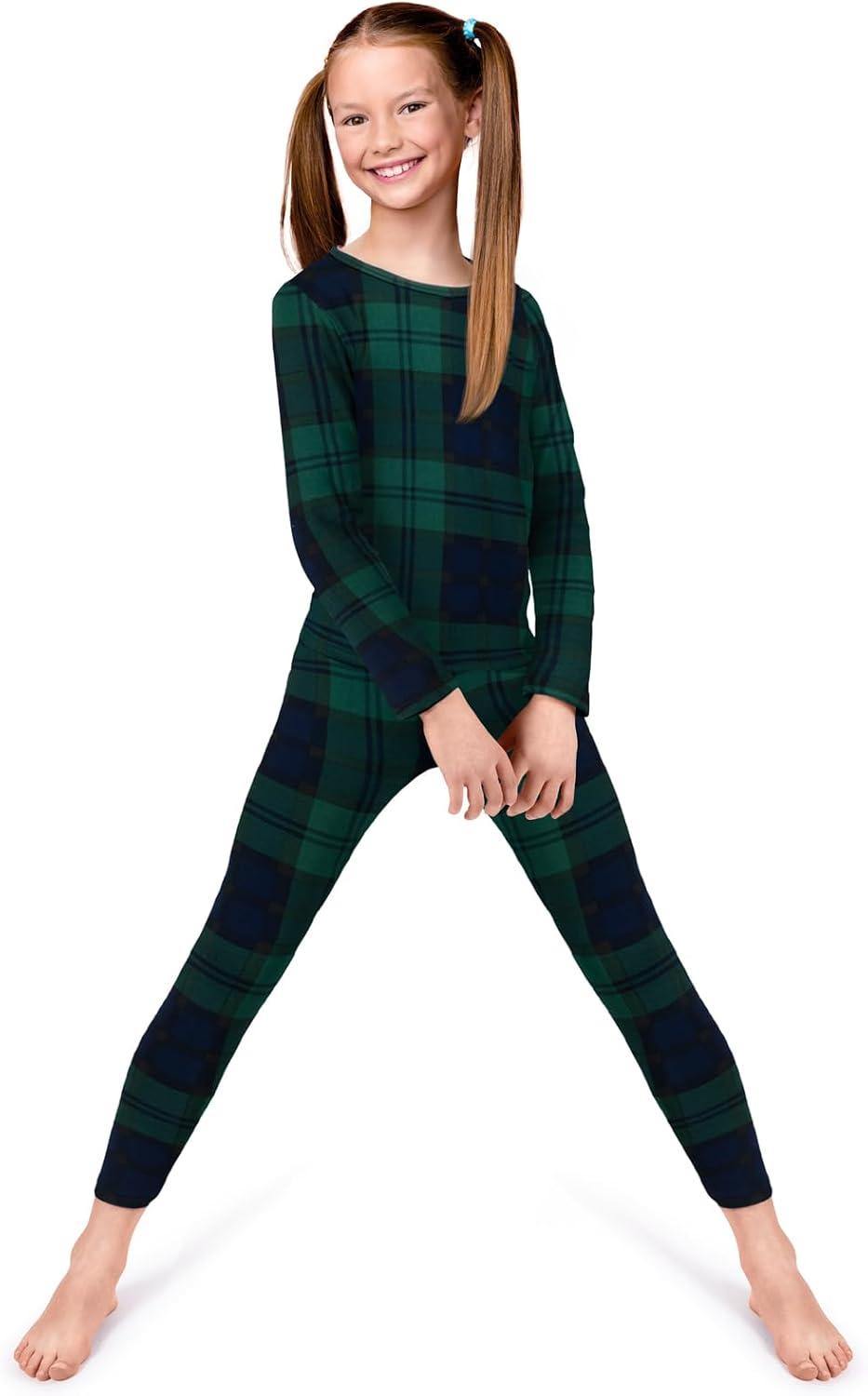 Thermal Underwear for Kids, Girls Thermals Long Johns Underwear, Base Layer for Cold weather/skiing, Green Plaid
