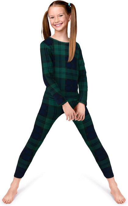 Thermal Underwear for Kids, Girls Thermals Long Johns Underwear, Base Layer for Cold weather/skiing, Green Plaid