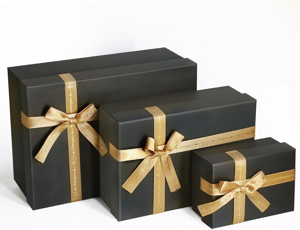 Black Gift Boxes with Gold Ribbons & Bows - (3 Sizes) Sturdy Gift Boxes with Lids for Presents - Elegant Gift