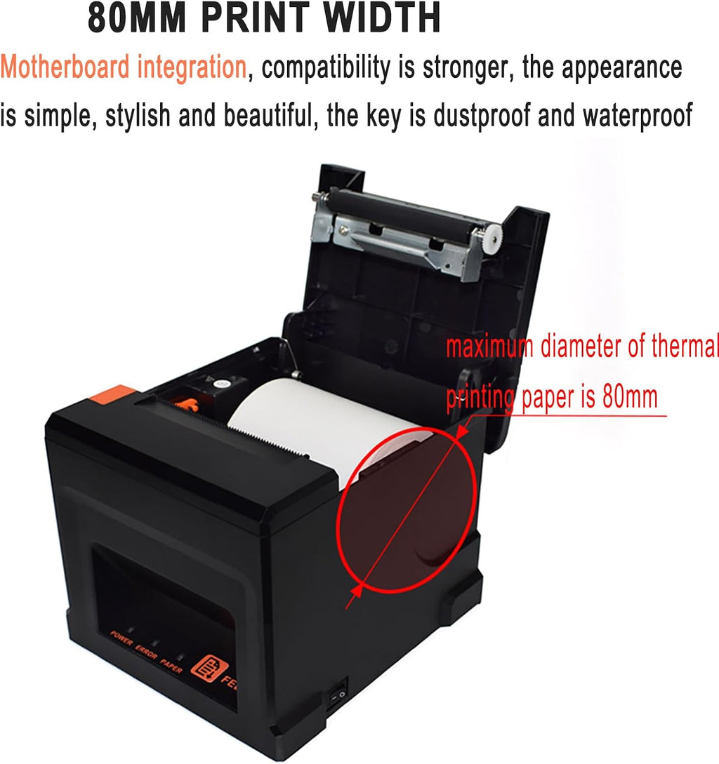 POS Thermal Printer, 80mm Thermal Receipt Printer with Auto Cutter, Sound and Light Alarm, USB+Network Interface