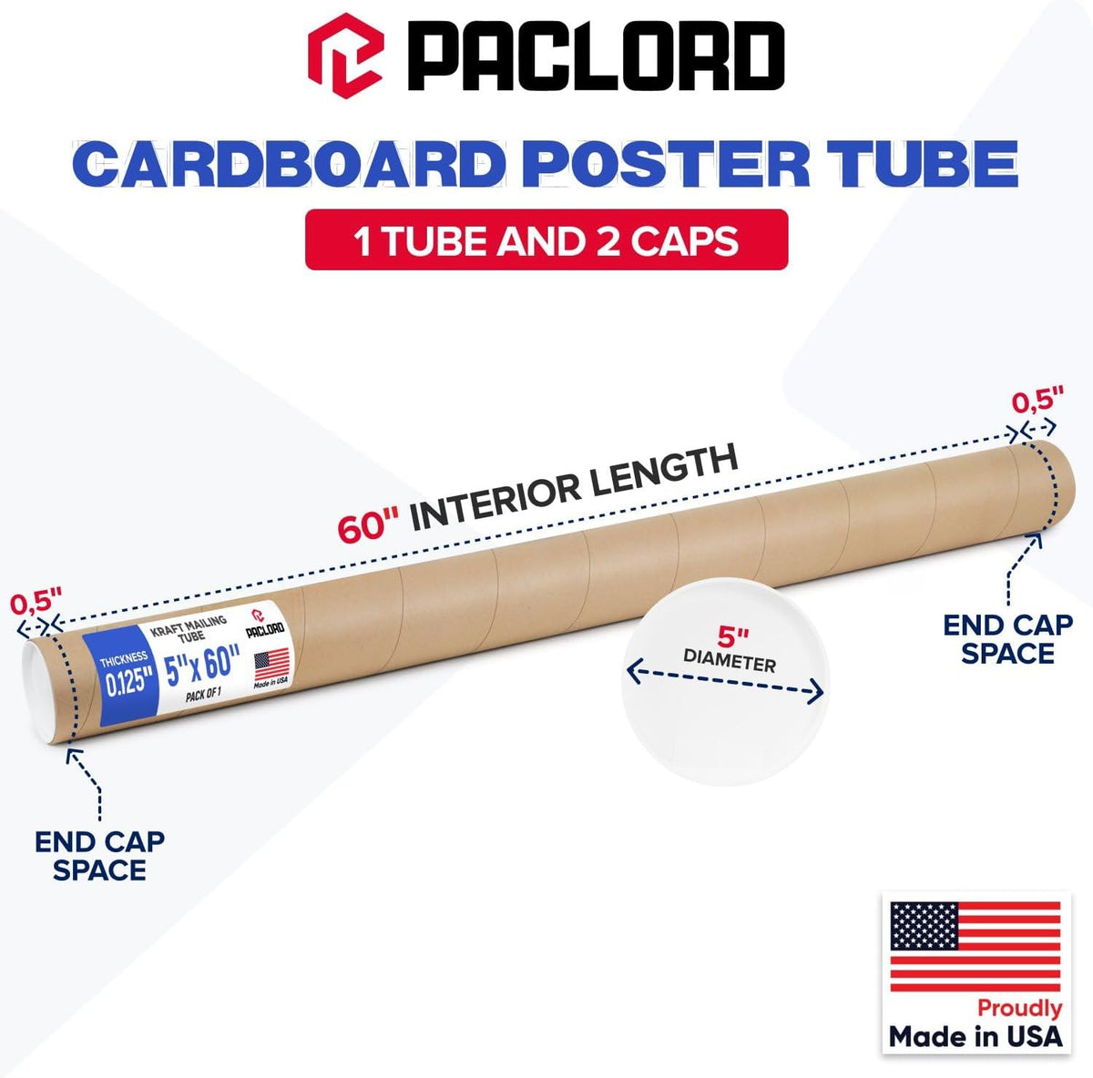 5" x 60" Made in USA Kraft Paper Mailing Tube, 1 Tube, 2 Caps