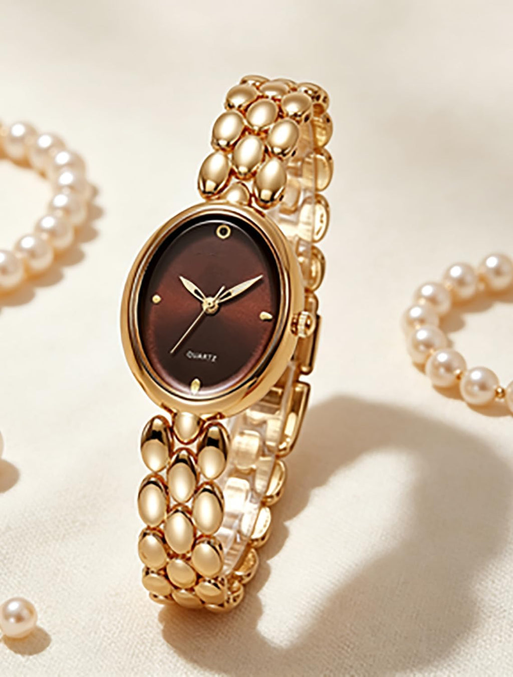 Women’s Oval Bracelet Watch – Minimalist Beaded Link Watch, Lightweight Oval Dial, Quartz Analog Timepiece