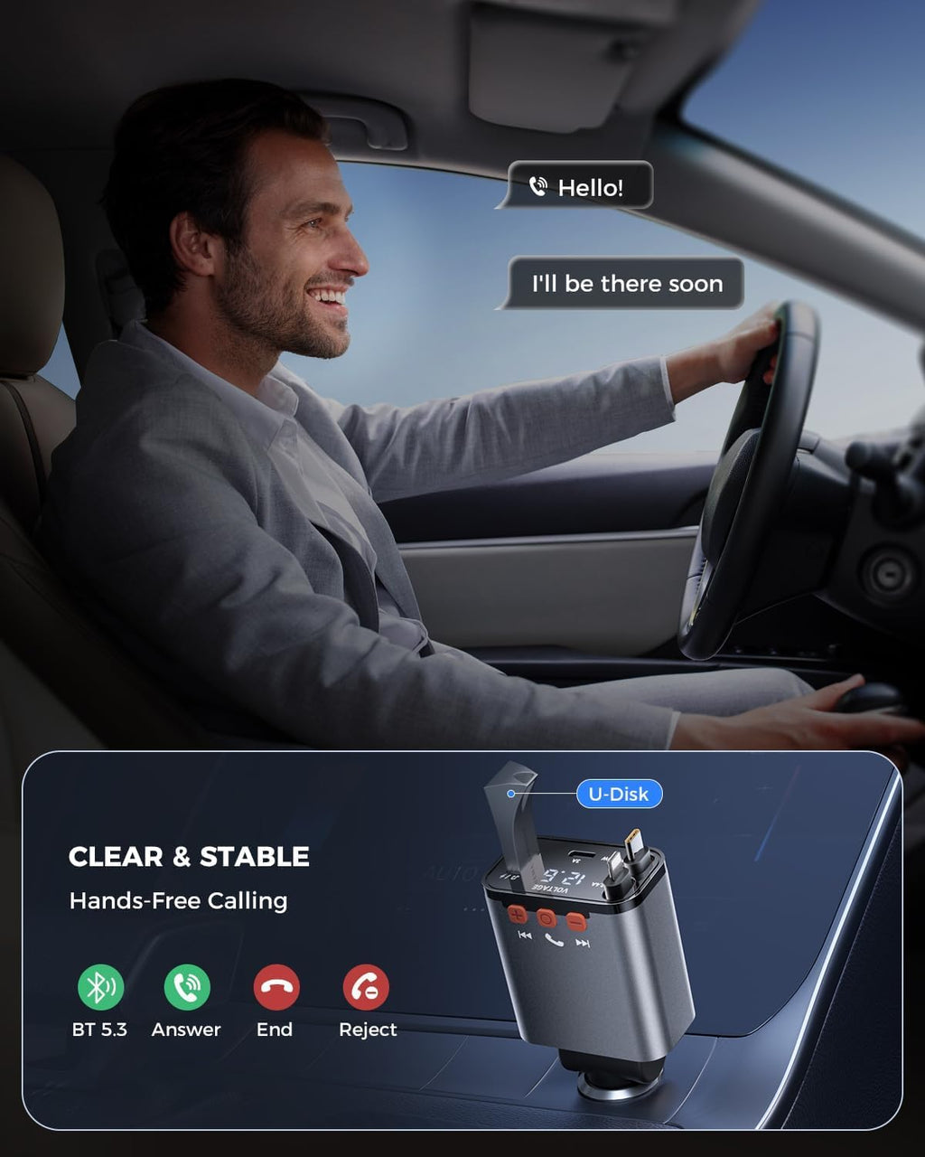 69W Retractable Car Charger, Compact Bluetooth 5.3 FM Transmitter | 4 in 1 Bluetooth Car Adapter, Apple & USB C
