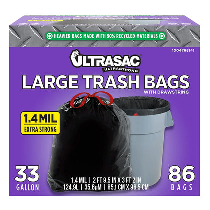 Black Heavy Duty Drawstring Trash Bags 33 Gallon, Pack of 86