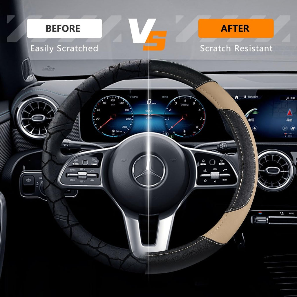 Leather Car Steering Wheel Cover, Non-Slip Car Wheel Cover Protector Breathable Microfiber Leather Universal Fit for