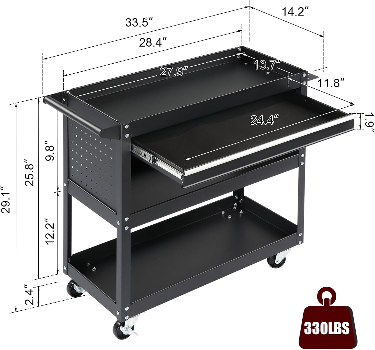 3-Tier Rolling Tool Cart, Heavy Duty Utility Industrial Service Cart on Wheels, with Locked Drawers, for Workshop