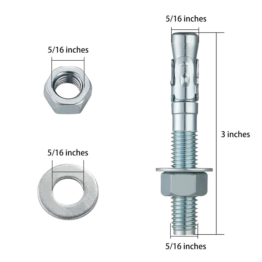 5/16x3" 10Pcs Inch Standard Fasteners for Heavy-Duty Zinc Wedge Anchors for Cement and Concrete