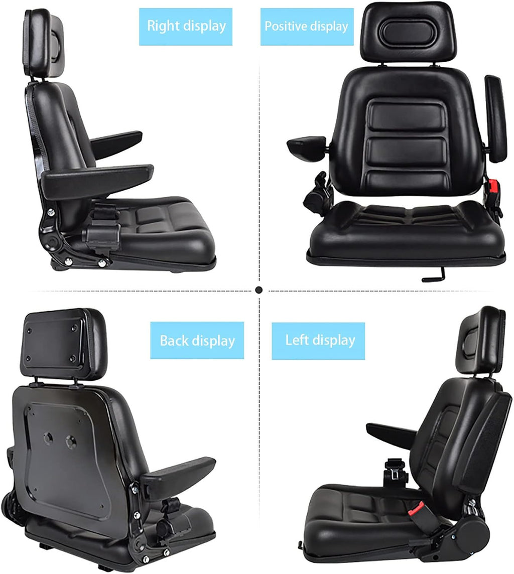 Universal Lawn Mower Seat, Tractor Seat Fold Down with Armrest Headrest Seatbelt, Adjustable Backrest and Slide Rail