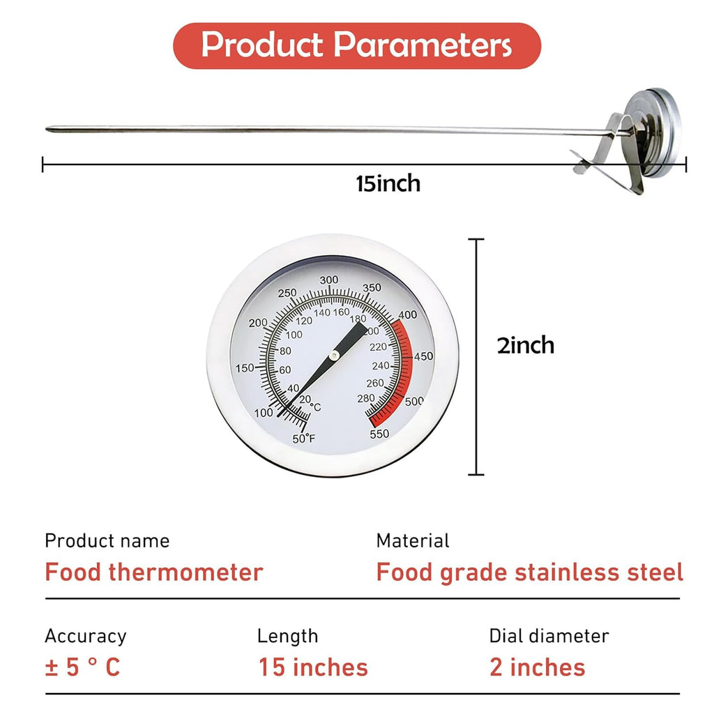 Candy Meat & Deep Fry Thermometer with Pot Clip, 15" Stainless Steel Probe