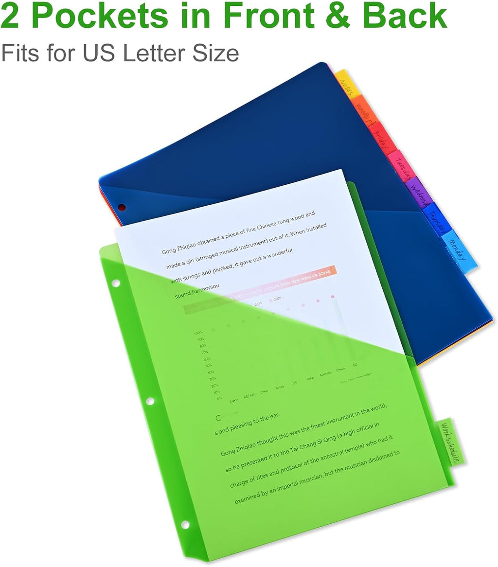 8-Tab Binder Dividers - Index Pockets Divider for 3 Ring Binders, 3-Hole Plastics Sheets Protectors for US Letter