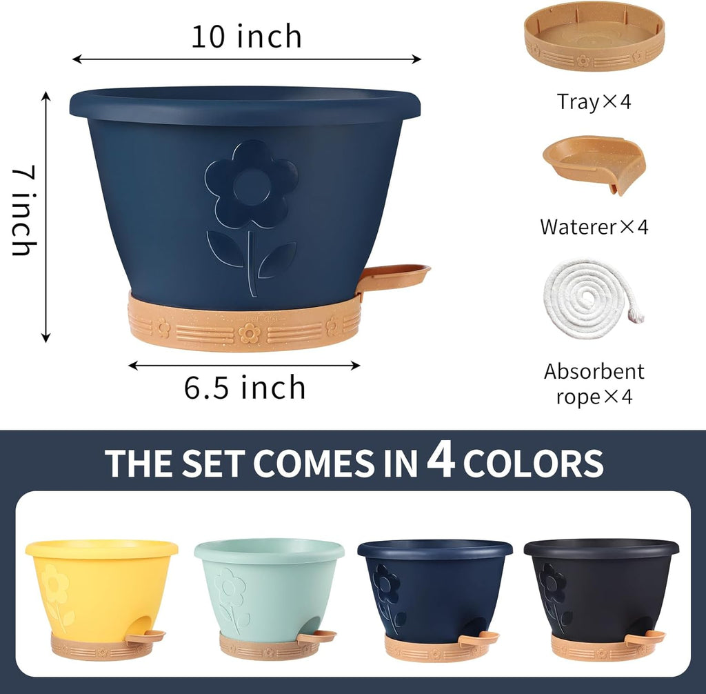 Plastic Plant Pots 10 Inch Set of 4, Self Watering Pots with Drainage Holes, Saucer & Reservoir, Flower Pots for