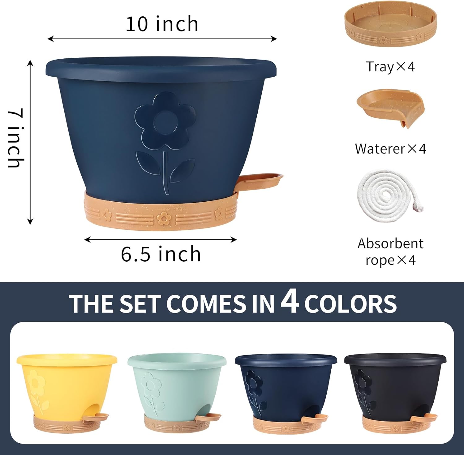 Plastic Plant Pots 10 Inch Set of 4, Self Watering Pots with Drainage Holes, Saucer & Reservoir, Flower Pots for