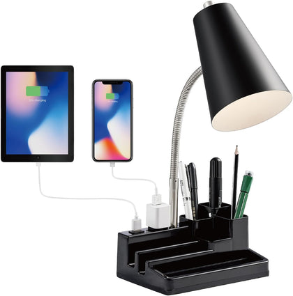 Small Desk Lamps for Home Office, Table Lamp with USB Port and Outlet, Desktop Lamp with Pen Holder, Flexible Neck